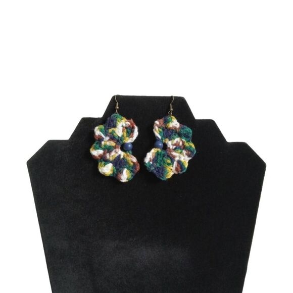 Handmade Multicolored Acrylic Lightweight Crochet Half Flower Dangle Earrings - Picture 1 of 9